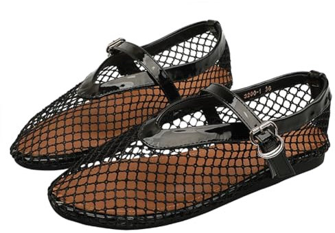 Mesh Ballet Flats for Women, Fashion Comfortable Round Toe Fishnet Flats, Buckle Strap Mary Jane Casual Ballerina Flats, Ladies Wide Width Casual Office Daily Dress Mary Jane Flats
