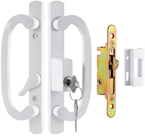 Zinkitool Keyed Sliding Patio Door Handleset, 45° Keyway, 3-15/16 H.C., Fits 1-3/8 to 2 Thick Doors, Non-Handed, White Diecast, Offset Position with Mortise Lock and Keeper｜Off Center Thumb Latch