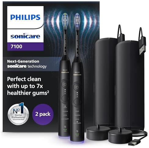 Philips Sonicare 7100 cepillo dental eléctrico, sónico con 4 modos de cepillado y 3 niveles de intensidad, EasyStart, negro, paquete de 2, modelo HX7429/03 [Nueva Tecnología]