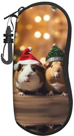 SGZLZBWK Niedliches Meerschweinchen mit Weihnachtsmütze, weiches Sonnenbrillenetui für Männer und Frauen, ultraleichtes Brillenetui mit Reißverschluss, tragbares Brillenetui mit Karabiner, Schwarz ,
