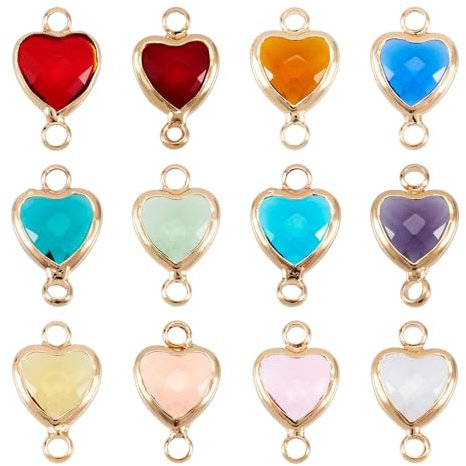 Craftdady Glas-Anhänger, Herz-Anhänger, Kristall, bunte Glasanhänger, zwei Schlaufen, goldene Messingkante, für DIY-Armbänder, Halsketten, Schmuckherstellung, 12 Stück
