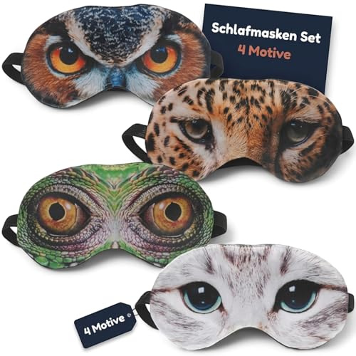 MIJOMA 4er Set Schlafmasken – weiche Augenmasken aus Satin und Plüsch – Tierdesign mit elastischem Band – für Reise, Nickerchen und Zuhause