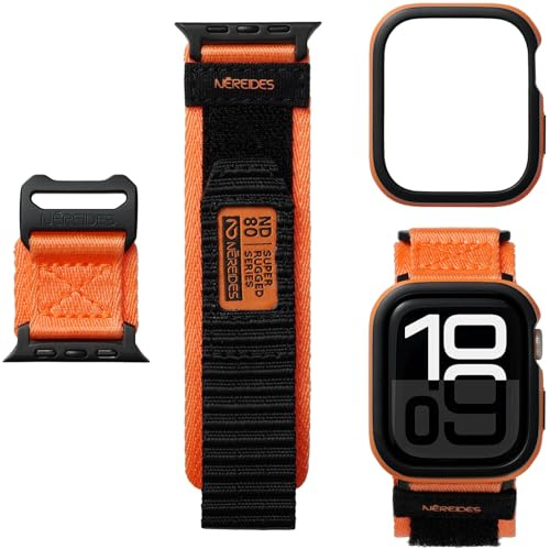 Nereides Rugged Case with Band Compatible with Apple Watch Series 11/10 46mm, Nylon Sport Replacement Band with Cover for iWatch Strap Men (Orange)