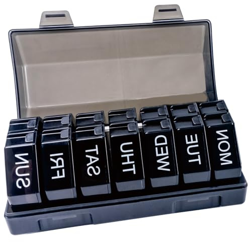 Tablettenbox 7 Tage 4 Mal Täglich,Medikamentenbox,Persönlicher Tablettenspender，Supplement Box,28 Extra große Fächer Portable Travel, für Medikamente/Vitamine/Fischöle/Ergänzungen (Schwarz, 28-Gitter)