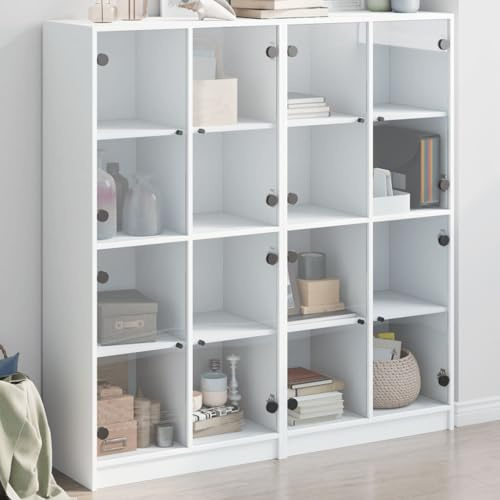 Willood Vitrinenschrank Glasvitrine Bücherschrank mit Türen Mehrzweckschrank mit Glastüren Wohnzimmer Metallschrank Weiß 136 x 37 x 142 cm
