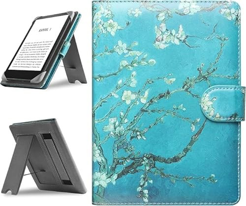 HoYiXi Universal Hülle für 6.8'',7“ ebook Readers,Kompatibel Kindle Paperwhite 2024-2019/Kobo Clara HD/Kobo Clara 2E Leder Stand Schutzhülle für 6-6.8'' Pocketbook/Tolino/Sony eReader,Blume