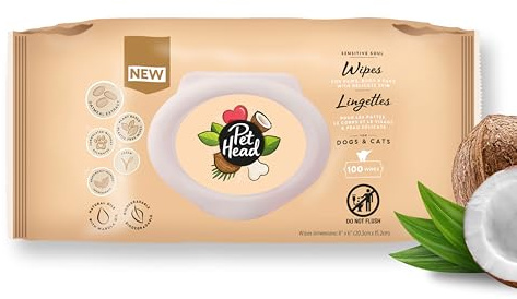 Pet Head Lingettes Sensitive Soul pour Chiens et Chats Lot de 100 | pour Les Pattes, Le Corps et Le Visage | Parfum Noix de Coco avec Aloe Vera
