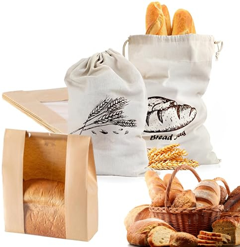 Bread Bags for Homemade Bread, 7 Pack Cotton Drawstring Bread Storage Bags, Multi-Use Food Storage, Keep Fresh for Food, Includes 5 Kraft and 2 Cotton Bag (35x21x9cm & 30x45cm)