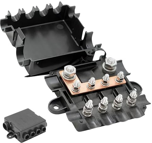 WIYETY Sicherungshalter: Sicherungskasten mit Sicherheitsbolzen für 1X Mega + 4X Midi Sicherungen, PA66 Gehäuse, 30-250A, 12-36V, M6/M8 Anschlussbolzen