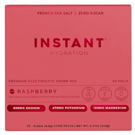 Instant Hydration Electrolytes Powder Packets - Raspberry Electrolyte Drink Mix - Zero Sugar - Keto, Vegan, Gluten-Free, Non-GMO - Boost Recovery, Brain Health, Muscle & Tissue Support- 30 Sticks