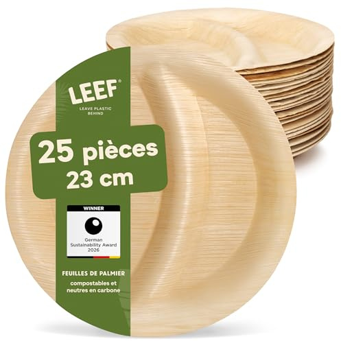 Leef® assiette jetable en palmier [25 pcs ⌀ 23cm] assiette barbecue comme décoration d'anniversaire [rond] assiettes plates alternative aux assiette plastique reutilisable comme vaisselle jetable