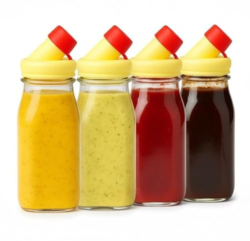 kitchentoolz Salad Dressing Shaker Bottle – 12oz Glass Bottle with Silicone Pour Spout and Tamper-Proof Lid for Sauces and Marinades - Pack of 4