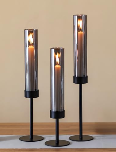 Sziqiqi Candelabro Negro para Velas: Juego de 3 Candelabros Decorativos con Cristal Ahumado de Metal para Decorar la Mesa - Moderno Portavelas para Exterior Interior Navidad Salón