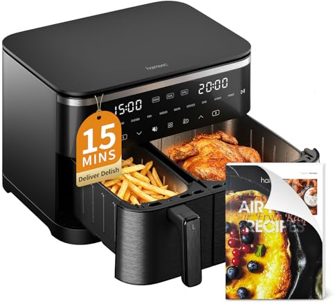 HAIMEEC Air Fryer 11L, Doble Cesta freidora aire 10 en 1, Pantalla Táctil Digital, 70% Menos Energía, Cestas Independientes Antiadherentes, Regulables 30-200°C