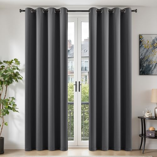 TOPICK Blackout Grey Thermal Curtains for Bedroom 84 Inch Long Drop Pair, Black Out Ring Top Curtains for Living Room, Soundproof Curtains and Drapes for Sliding Door, W52 x L84 Inch