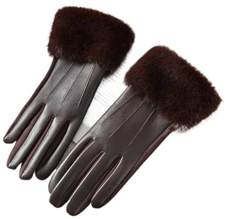 KIFSDLF Winter Luxus Damen PU Lederhandschuhe Handgelenk Weich Kunstpelzbesatz Manschette Mode Elegant Party Warm Touchscreen Fahren Radfahren(Brown)