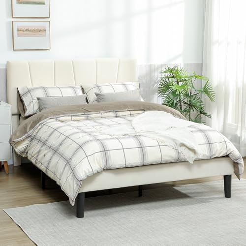 HOMCOM Cadre de lit Double, 140 x 190 cm, lit 2 Personnes, Cadre métallique, tête réglable, avec sommier, Rangement, Montage Facile, crème