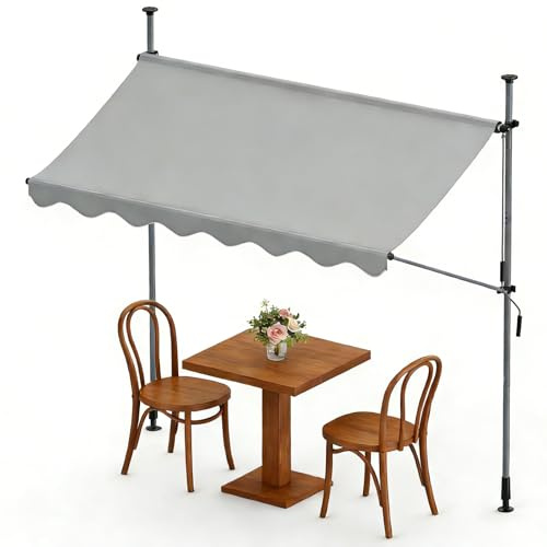 Ferzone Klemmmarkise ohne Bohren 250x120cm, Balkonmarkise mit Handkurbel, höhenverstellbar, Sonnenschutz, UV-beständig, Wasserdicht, Sonnenmarkise für Terrasse,Balkon,Garten (Hellgrau)