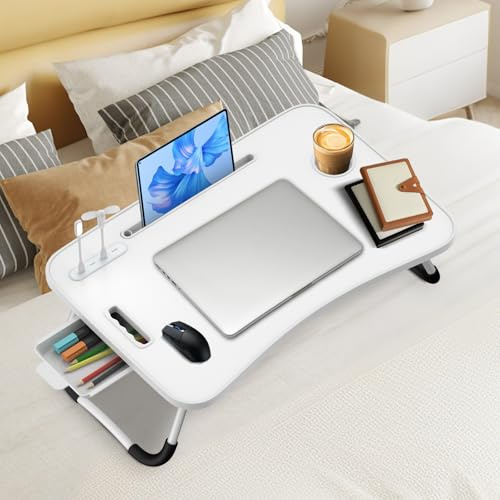 WoRaum Table de Lit Pliable 60x40cm - Plateau Multifonctionnel Léger avec Emplacement pour Carte, Porte-Gobelet & Tiroir + Lampe & Ventilateur (Blanc)