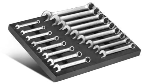 STAHLWERK Set di 17 chiavi ad anello e a forchetta con inserto in schiuma per carrello da officina, chiave ad anello e chiave a forchetta 6-22 mm, tutte le dimensioni comuni in pratico inserto per