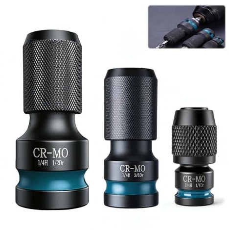 3PCS Impact Wrench Socket Adapter Set | 1/2 3/8 1/4 Square Drive to 1/4 Hex Shank Impact Socket Adapter for Impact Driver, Ratchet Wrench