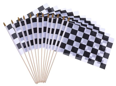 HOMSFOU Set 16 Bandiere da Corsa a Scacchi Bianche e Nere 14x21 Cm Bastoni in Legno 30 Cm – Decorazioni per Feste a Tema Gare Automobilistiche e Eventi Sportivi All’aperto