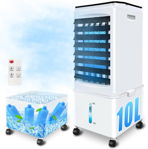 Condizionatore d'aria senza tubo di scarico, 10 l, 60 W, climatizzatore portatile con timer da 12 H, 40 dB, oscillazione di 120°, serbatoio dell'acqua rimovibile, telecomando, silenzioso, portatile