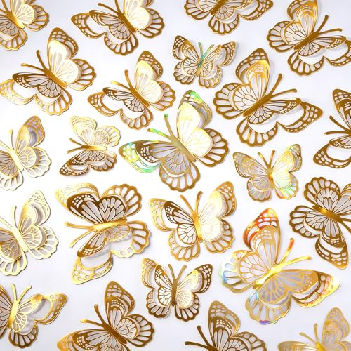 36stk Wandtattoo Schmetterlinge Gold,Schmetterling Deko Wandtattoos 3D Wandaufkleber Goldfarben Schmetterling Wandsticker Wanddeko Für Schlafzimmer Wohnzimmer Weihnachten Hochzeit Party Wand-Dekor