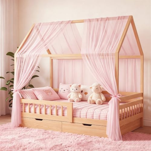 Zourglow Bed Canopy for Girls, 350 * 150cm 2Pcs Breathable Soft Tulle | Princess Bed Curtains with 6 Ribbons for Nursery, Bedroom & Princess Play Tents Decorations, Pink