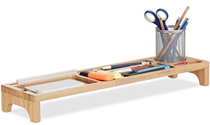 Relaxdays Schreibtisch Organizer Bambus, 7 Fächer, Kabelmulde, Stiftablage, Halterung für Smartphone und Tablet, natur