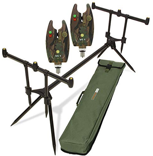 G8DS® Set Rod Pod Rutenhalter + Tragetasche inklusive 2 Bissanzeiger mit Lautstärkeregler für + LED Karpfen Angeln
