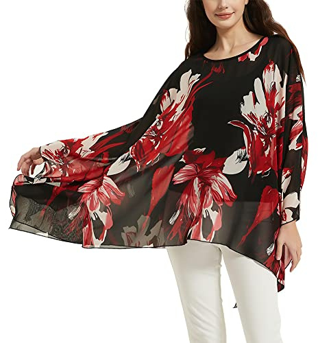 CuteSwan Blusa tipo túnica tipo caftán de gasa para mujer, estilo lagenlook de murciélago, estilo casual, Rojo Blanco Floral, talla de un talla grande