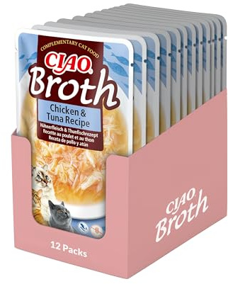 INABA Ciao Broth Gatos - Receta Pollo y Atún - Snack Húmedo para Gatos, Delicioso y Saludable – Complemento Alimenticio, Natural y Sin Cereales - 480g (12 Packs x 40g)