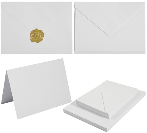 50 Pack White A7 Envelopes with Cards 5x7 Thick Folded Cardstock and Gold Stickers for Greeting Cards, Wedding, Birthday, Invitations, Baby Showers (White, 5x7)