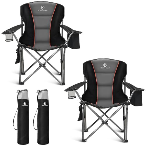ALPHA CAMP Folding Camping Chair for Adults, Oversized Heavy Duty Lawn Chairs with Cooler Bag, Cup Holder & 600D Oxford Fabric, Folding Chairs for Outside Support 450 LBS,Outdoor Chair 2 Pack