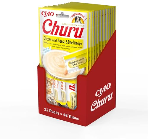 INABA Churu Püree kattgodis – kattpasta för utfodring från handen – kattpinnar med kyckling & ost och nötkött – 12-pack/48 pinnar