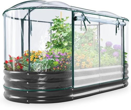 KING BIRD Raised Garden Bed with Cover Galvanized Oval Planter Garden Box Outdoor for Gardening, Vegetables, Flowers 71x36x12 in, Clear