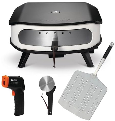 Cozze® 17 Pizzaofen mit drehbarem Stein & LED + Geschenkset mit Pizzaschaufel, Thermometer & Pizzaschneider | Komplettes Pizzaerlebnis