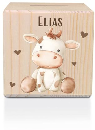GRAVURZEILE Bedruckte Spardose aus Holz mit Metallschloss - Tiere Kinder Kuh - Personalisiert mit Namen - Geschenk für Mädchen & Jungen Einschulung - Sparschwein für Kinder zum Schulanfang