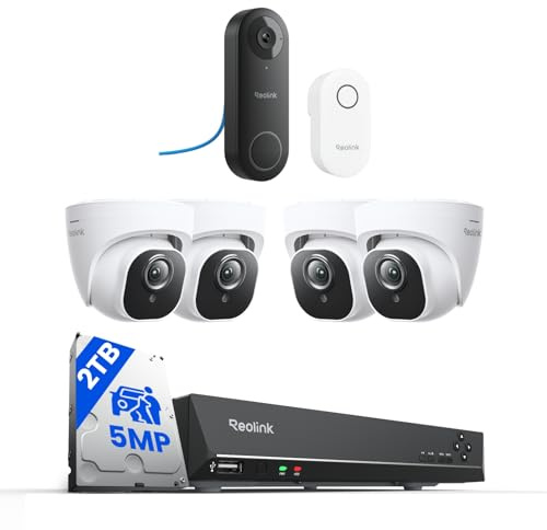 Reolink PoE Wired Security Bundle: 5MP PoE Video Doorbell with Chime + 8CH 4K NVR System with 2TB HDD and 4X 5MP Outdoor PoE Cameras, Smart Detection, 24/7 Recording