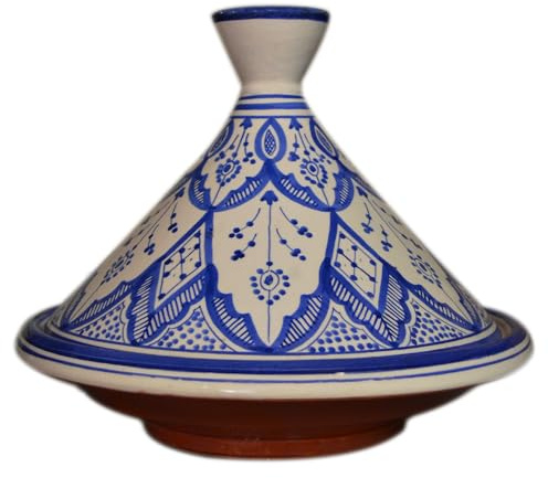 Moroccan Handmade Serving Tagine Exquisite Ceramic With Vivid colors Traditional 12 inches Across XLarge Fes White & Blue
