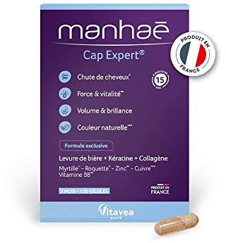 Vitavea - Manhaé - Cap Expert - Complément alimentaire - Chute de cheveux, force, volume, brillance - Biotine, levure de bière, kératine, collagène, minéraux - 120 gélules - Fabriqué en France