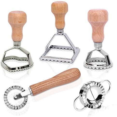 Ravioli Ausstecher Set mit Teigtaschenformer und Teigrädchen - aus hochwertigem Buchenholz und rostfreiem Edelstahl - Ravioliform ideal auch für Teigtaschen Maultaschen Pierogie & Dumplings (5er Set)