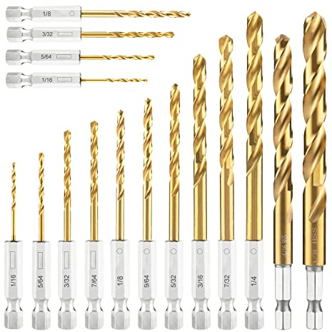 amoolo Hex Shank Drill Bit Set, 16pcs Titanium HSS Twist Impact Drill Bit Set for Metal, Steel, Wood, Plastic, Quick Change Design (1/16”-3/8”)