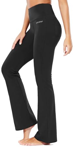 BALEAF Yogahose Damen High Waist Schlaghose Bauchkontrolle Freizeithose Baumwolle Sporthose lang Yoga Pants mit Taschen Regulär/Groß