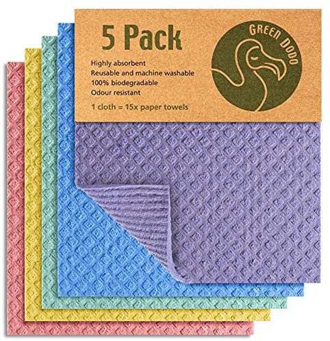 Green Dodo Swedish Dishcloth 5 Pack - Eco Friendly Biodegradable & Sustainable Sponge Kitchen cloth - Absorbent & Odour Free Dish Cloths For Kitchen - Reusable Kitchen Sponge Paper Towel Alternative