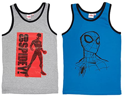 Marvel Spiderman Unterhemd für Jungen Kinder Tank Top Hemdchen Unterwäsche Grau/Blau (2er Pack) (122-128)