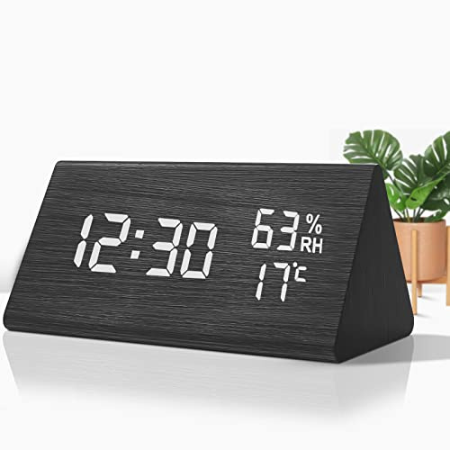 VORRINC Väckarklocka digital väckarklocka trä, träutseende väckarklocka bordsklocka med röststyrning/datum/innertemperatur och luftfuktighet, 3 justerbara larm, för hem, barn och kontor (svart)