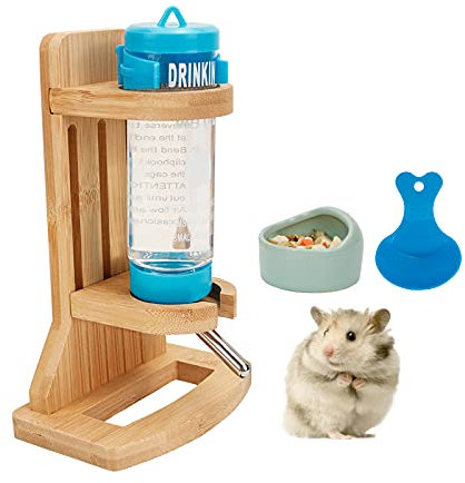 Hamster Water Bottle with Stand, Adjustable Wooden Small Animal Water Dispenser Stand Guinea Pig Water Bottle With Hamster Bowls and plastic spoon for Guinea Pig Rat Hamster Gerbil Chinchilla (125ML)