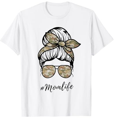 momlife Mutter mom life Frau mit Dutt + camouflage Haarband T-Shirt